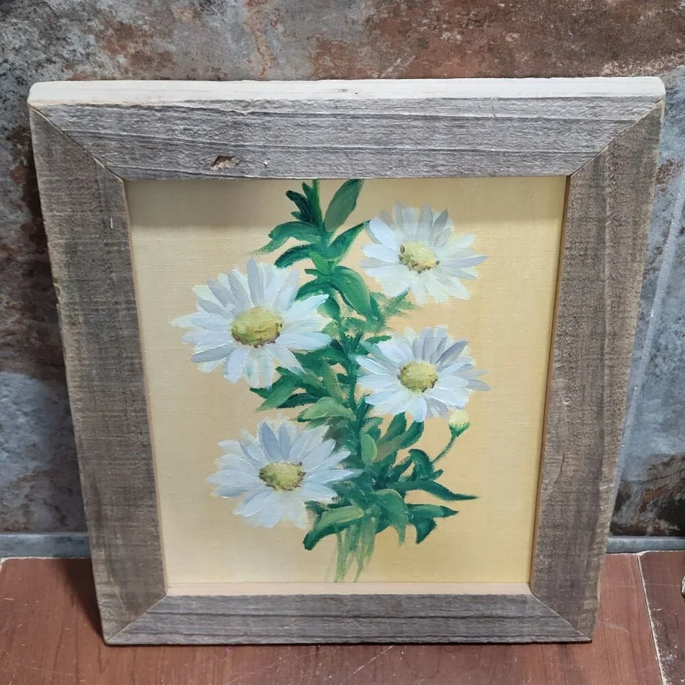 Vintage Oil Painting of Daisies Rustic Wooden Frame Impasto Technique